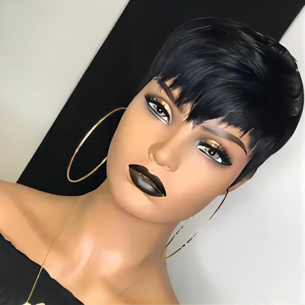 Pixie Wigs Human Hair Wigs with Bangs Short Layered Pixie Cut Wigs for Black Women Brazilian Virgin Staight Human Hair Wigs for Women Glueless Wigs Natural Black Color (1B Color)