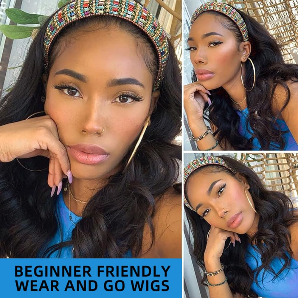 Headband Wig Human Hair Body Wave Headband Wigs for Black Women 26 Inch None Lace Front Wig Wear and Go Glueless Machine Made Brazilian Virgin Body Wave Natural Color