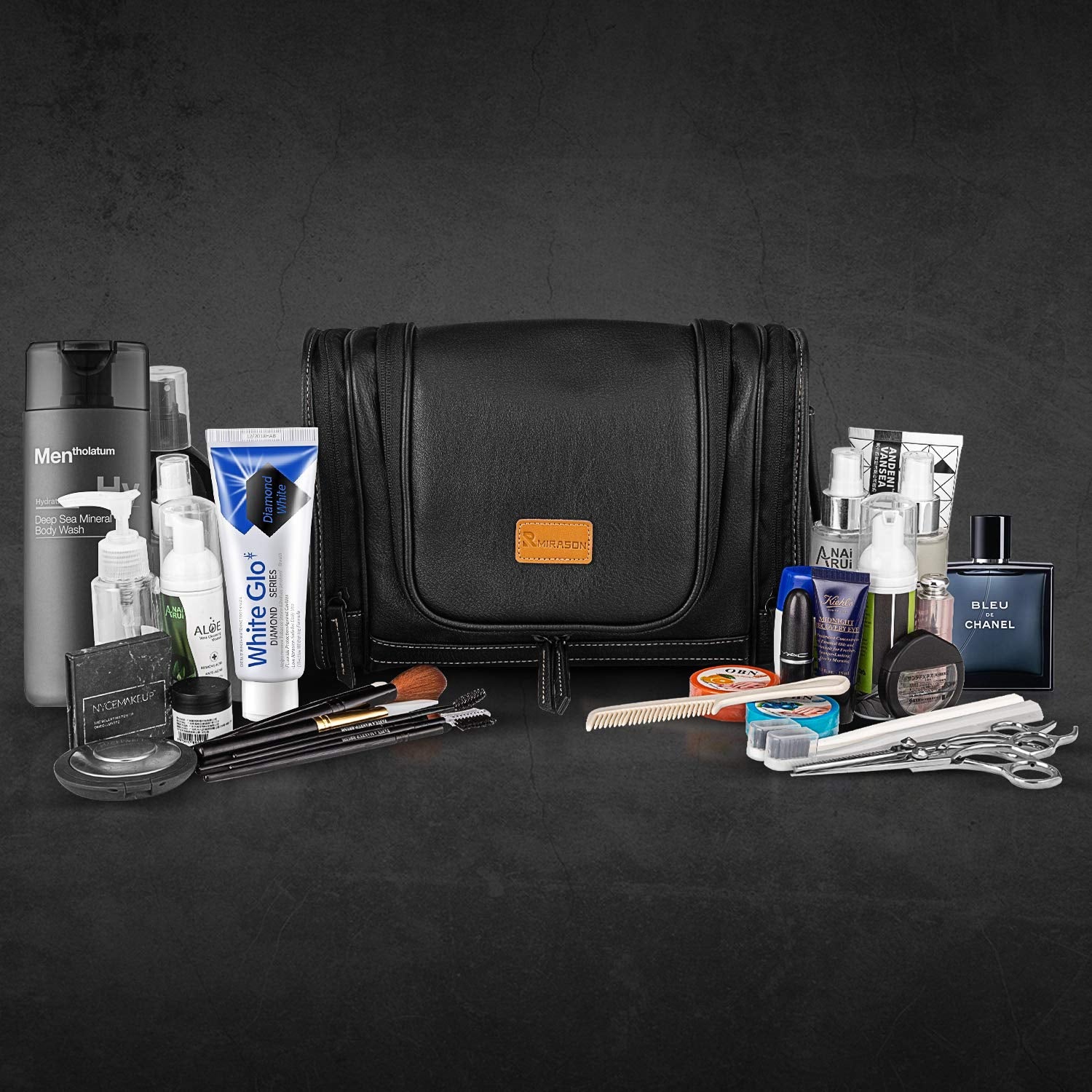 Travel Toiletry Bag, Hanging Toiletry Bag for Men, Leather Travel Shower Bag for Toiletries Dopp Kit Bathroom Bag with Metal Hook Gift for Men (Black)