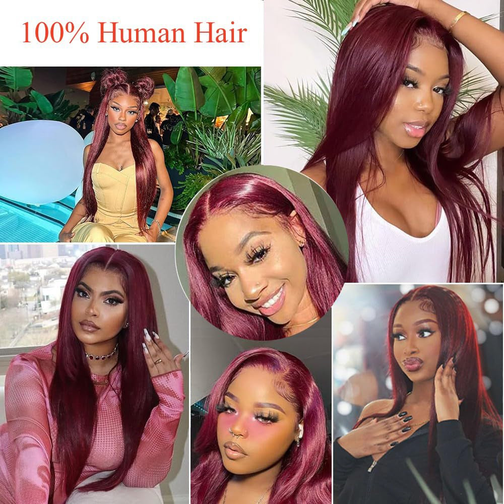 32 Inch 99J Burgundy Lace Front Wigs Human Hair 13X6.5 Straight HD Lace Front Wigs Human Hair 250% Density Glueless Straight Wigs Human Hair Pre Plucked with Baby Hair (99J Burgundy Wigs, 32 Inch)