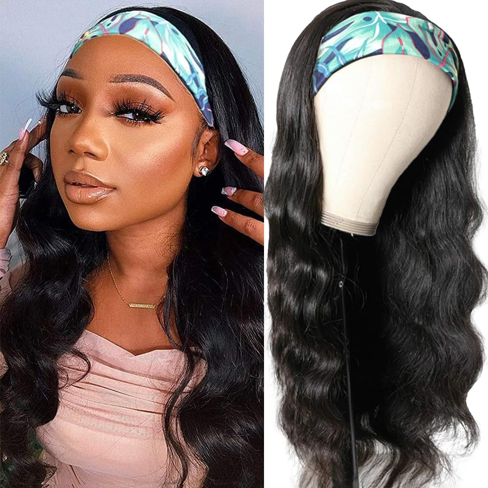 Headband Wig Human Hair Body Wave Headband Wigs for Black Women 26 Inch None Lace Front Wig Wear and Go Glueless Machine Made Brazilian Virgin Body Wave Natural Color