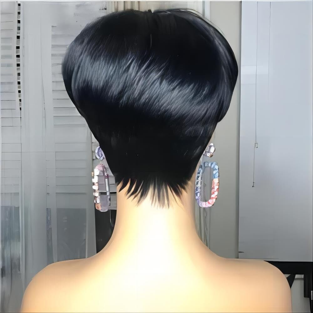 Pixie Wigs Human Hair Wigs with Bangs Short Layered Pixie Cut Wigs for Black Women Brazilian Virgin Staight Human Hair Wigs for Women Glueless Wigs Natural Black Color (1B Color)