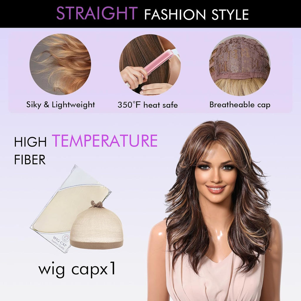 Short Brown Bob Wigs for Women Shoulder Length Brown Mixed Blonde Curly Wigs with Curtain Bangs Synthetic Heat Resistant Wigs for Daily Party Use 18IN