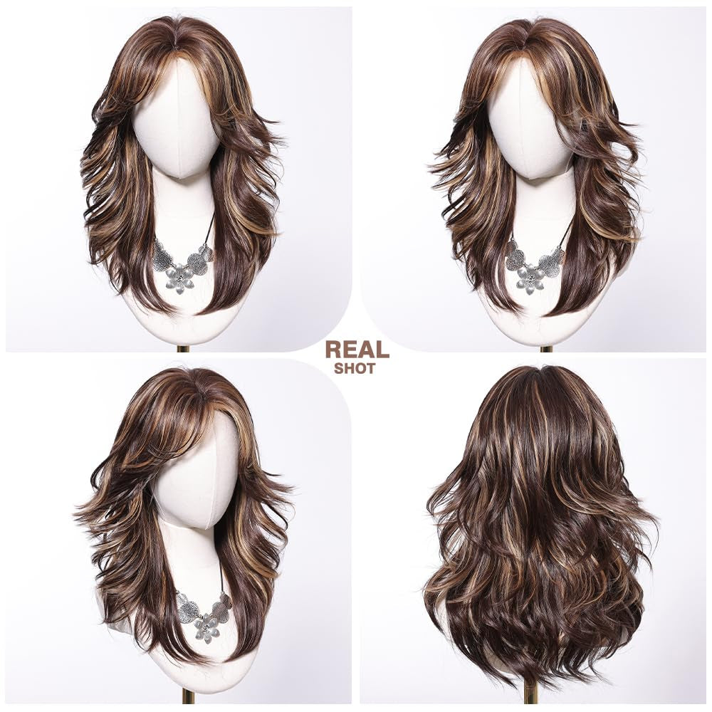 Short Brown Bob Wigs for Women Shoulder Length Brown Mixed Blonde Curly Wigs with Curtain Bangs Synthetic Heat Resistant Wigs for Daily Party Use 18IN