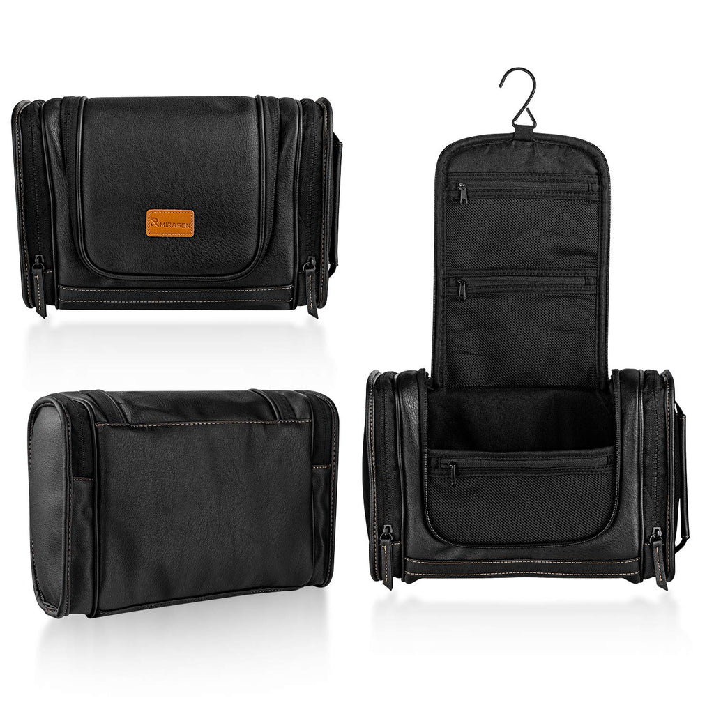Travel Toiletry Bag, Hanging Toiletry Bag for Men, Leather Travel Shower Bag for Toiletries Dopp Kit Bathroom Bag with Metal Hook Gift for Men (Black)