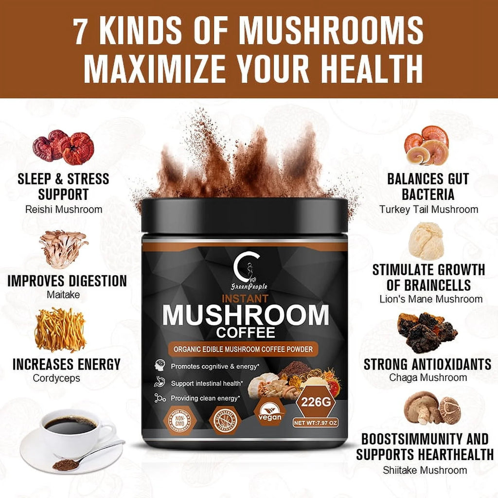Instant Mushroom Coffee, Greenpeople Organic Mushroom Coffee Powder Supplements with Lion'S Mane, Reishi, Chaga, Cordyceps, for Better Focus and Immune Support, 7.97Oz