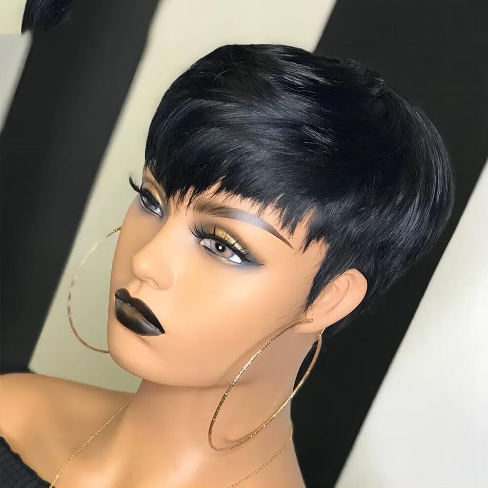 Pixie Wigs Human Hair Wigs with Bangs Short Layered Pixie Cut Wigs for Black Women Brazilian Virgin Staight Human Hair Wigs for Women Glueless Wigs Natural Black Color (1B Color)