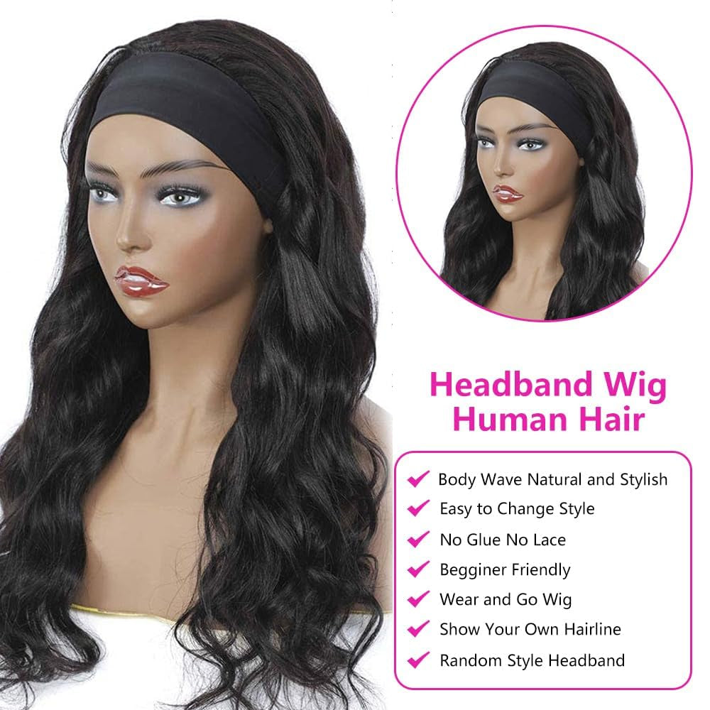 Headband Wig Human Hair Body Wave Headband Wigs for Black Women 26 Inch None Lace Front Wig Wear and Go Glueless Machine Made Brazilian Virgin Body Wave Natural Color