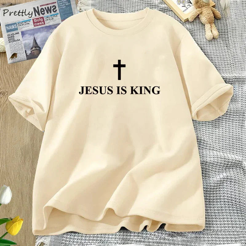 Jesus Is King T-Shirt Women Cotton Cross Faith Christian Tshirt Unisex Short Sleeve Religious Tee Womens Clothing Streetwear