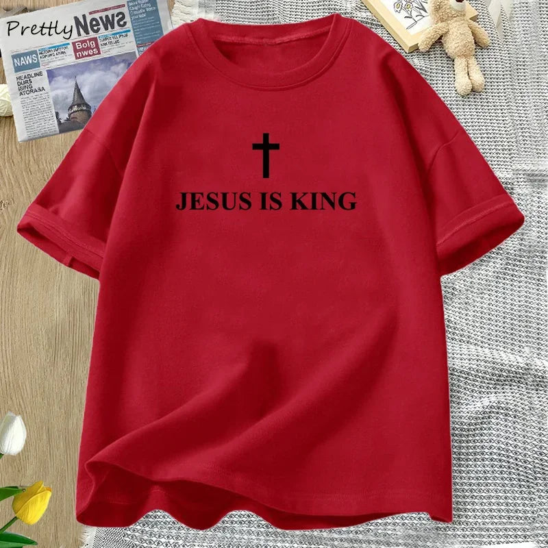 Jesus Is King T-Shirt Women Cotton Cross Faith Christian Tshirt Unisex Short Sleeve Religious Tee Womens Clothing Streetwear