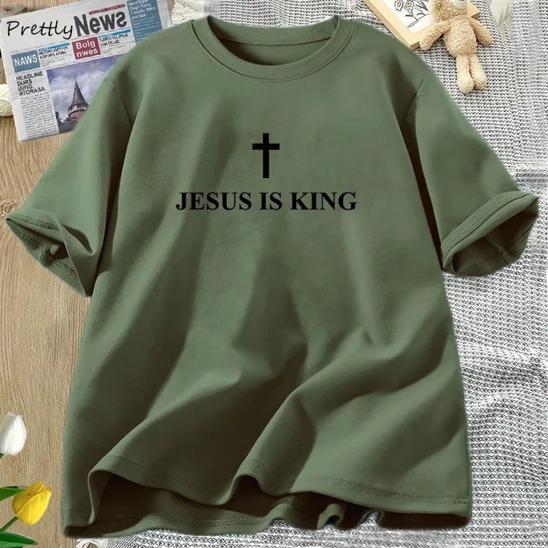 Jesus Is King T-Shirt Women Cotton Cross Faith Christian Tshirt Unisex Short Sleeve Religious Tee Womens Clothing Streetwear