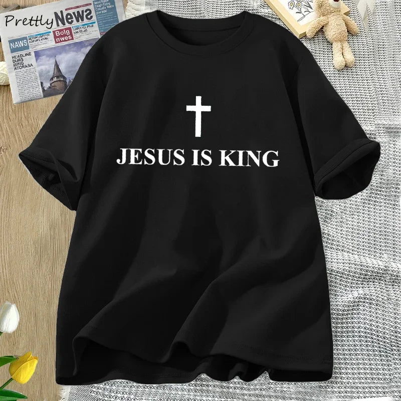 Jesus Is King T-Shirt Women Cotton Cross Faith Christian Tshirt Unisex Short Sleeve Religious Tee Womens Clothing Streetwear