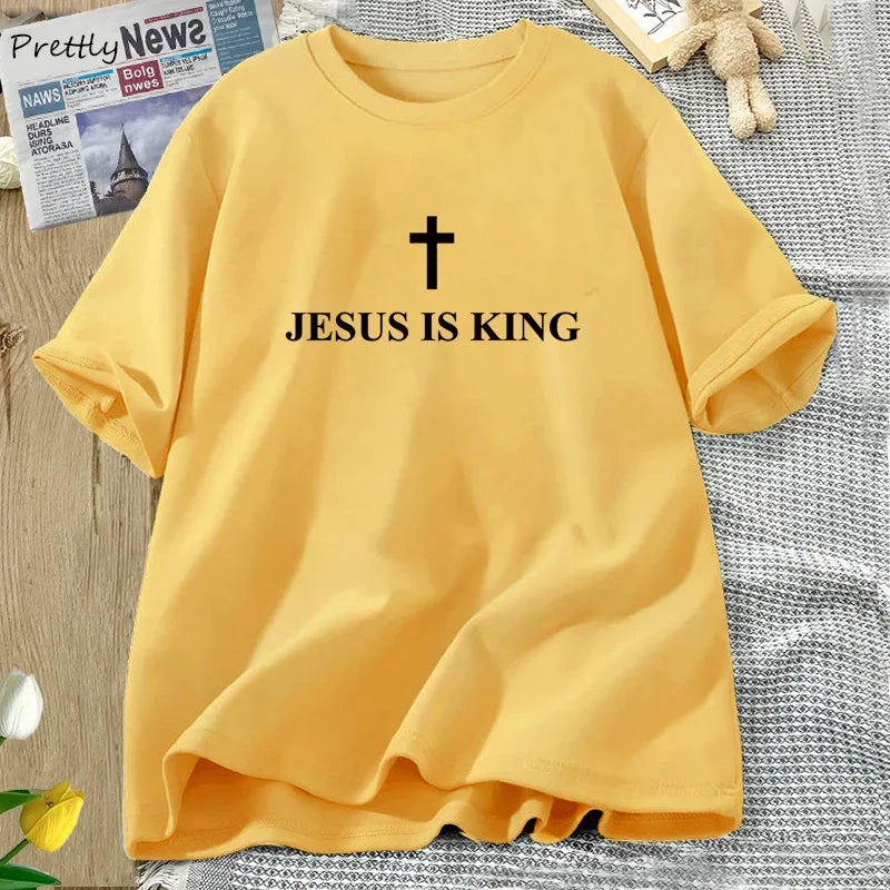 Jesus Is King T-Shirt Women Cotton Cross Faith Christian Tshirt Unisex Short Sleeve Religious Tee Womens Clothing Streetwear