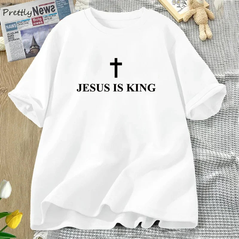 Jesus Is King T-Shirt Women Cotton Cross Faith Christian Tshirt Unisex Short Sleeve Religious Tee Womens Clothing Streetwear