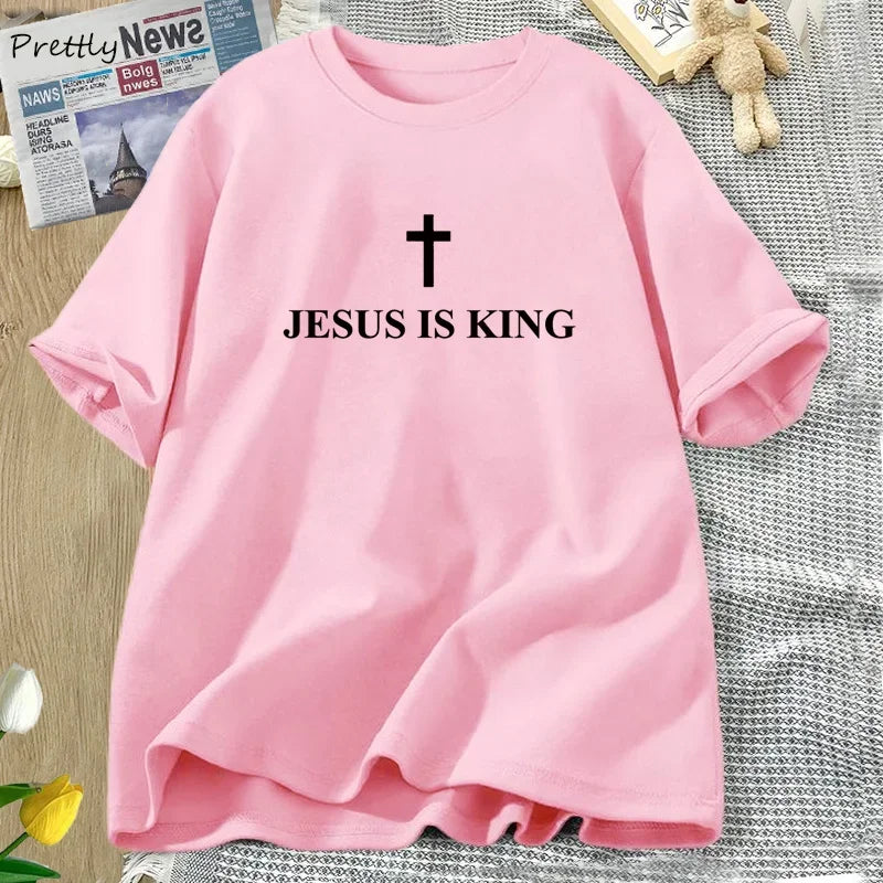 Jesus Is King T-Shirt Women Cotton Cross Faith Christian Tshirt Unisex Short Sleeve Religious Tee Womens Clothing Streetwear