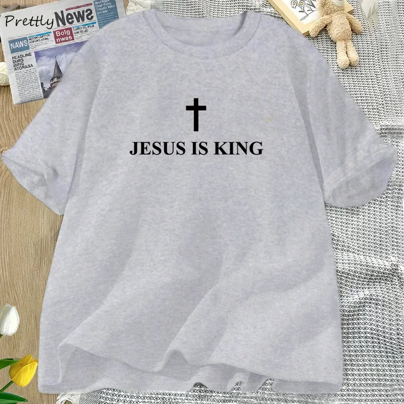 Jesus Is King T-Shirt Women Cotton Cross Faith Christian Tshirt Unisex Short Sleeve Religious Tee Womens Clothing Streetwear