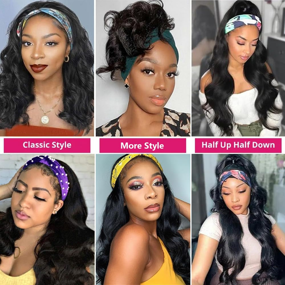 Headband Wig Human Hair Body Wave Headband Wigs for Black Women 26 Inch None Lace Front Wig Wear and Go Glueless Machine Made Brazilian Virgin Body Wave Natural Color