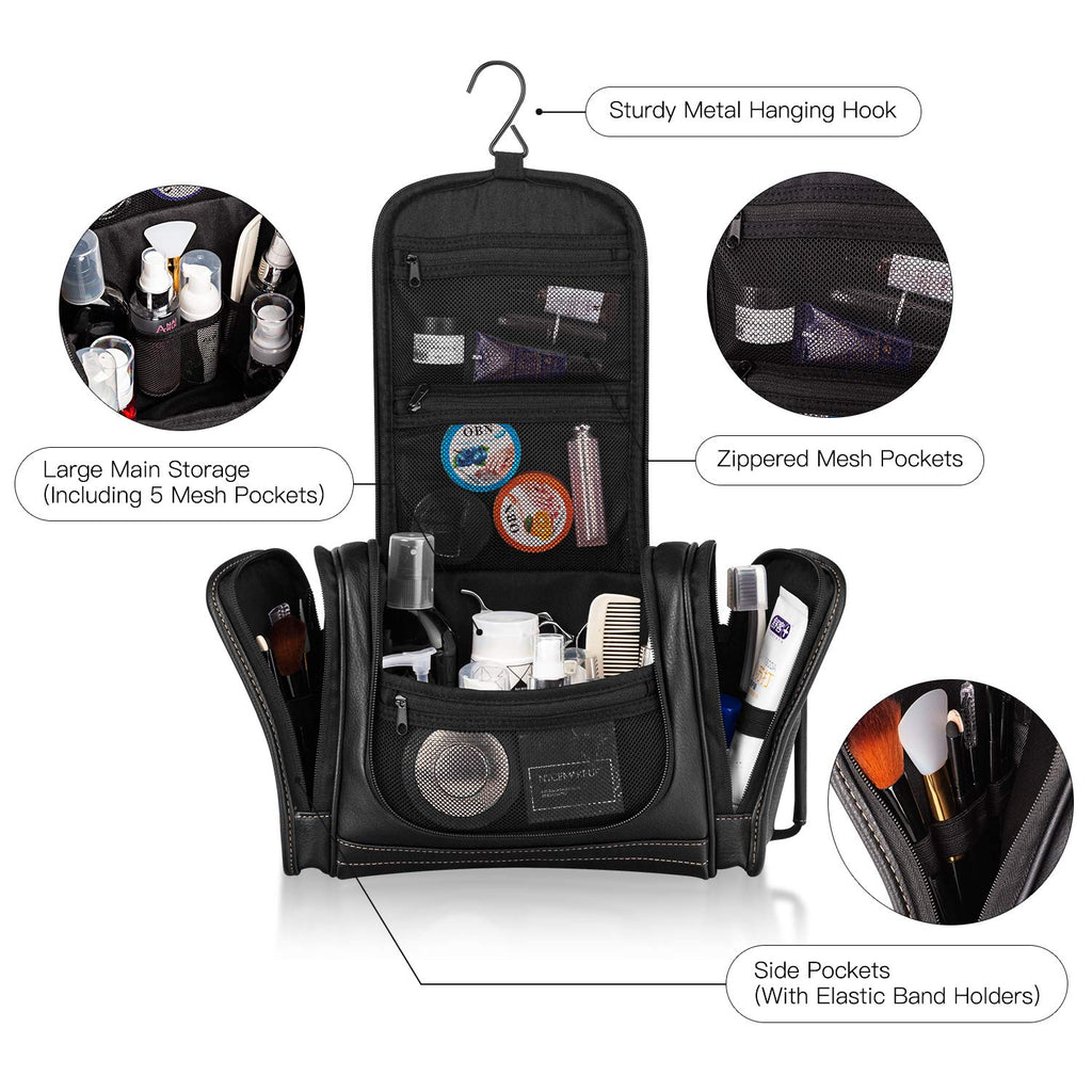 Travel Toiletry Bag, Hanging Toiletry Bag for Men, Leather Travel Shower Bag for Toiletries Dopp Kit Bathroom Bag with Metal Hook Gift for Men (Black)