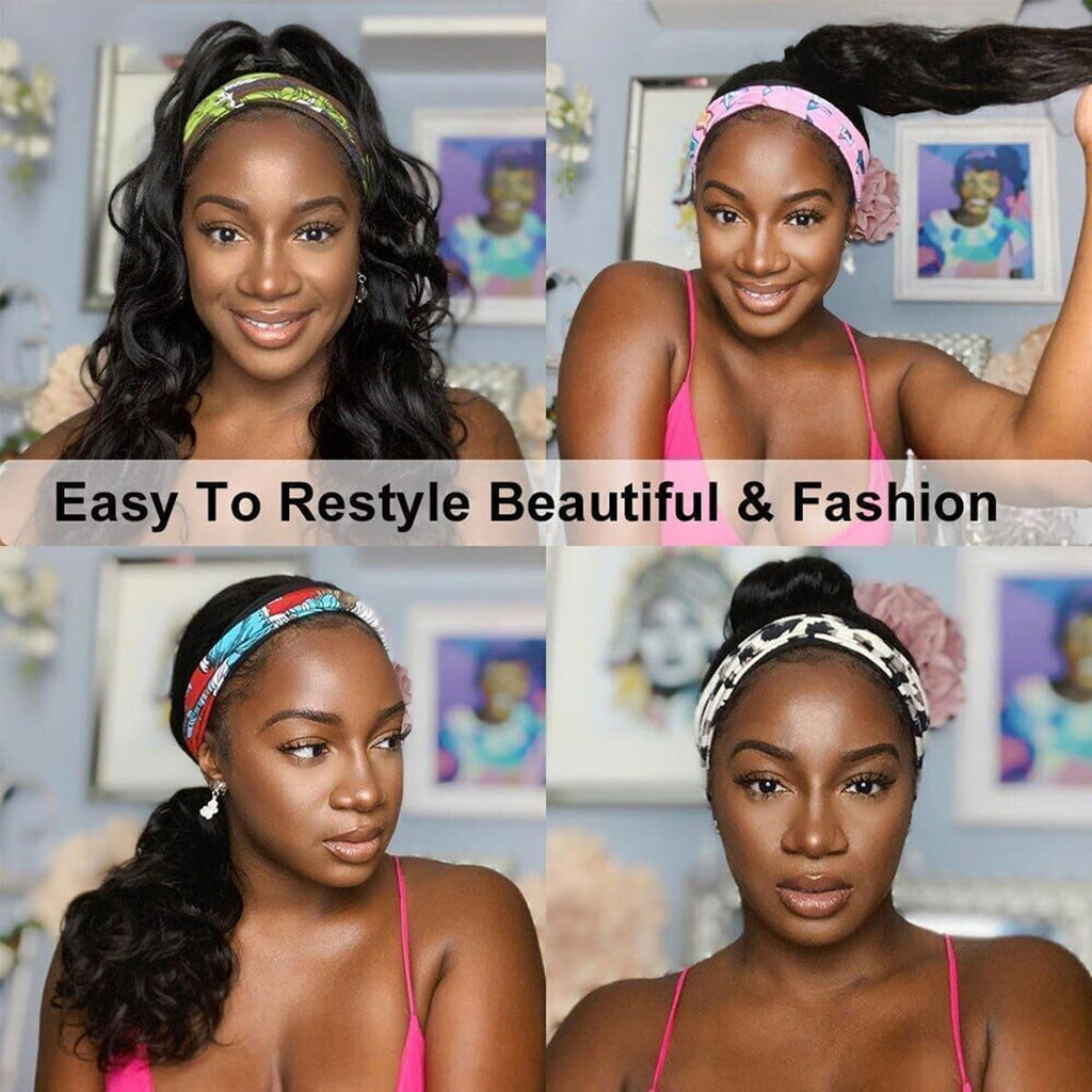 Headband Wig Human Hair Body Wave Headband Wigs for Black Women 26 Inch None Lace Front Wig Wear and Go Glueless Machine Made Brazilian Virgin Body Wave Natural Color